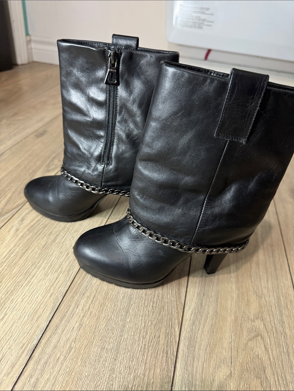 Rudsak Black Mid-Calf Heeled Boots with Chain Accent